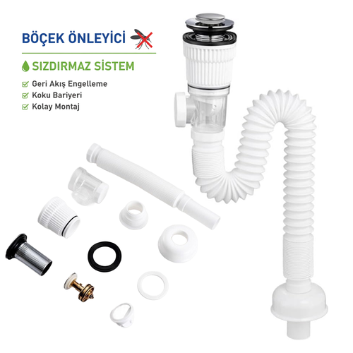 Banyo ve Mutfak İçin Esnek Lavabo Gider Takımı | Kolay Montajlı, Böcek Önleyici, Sızdırmaz Sistem