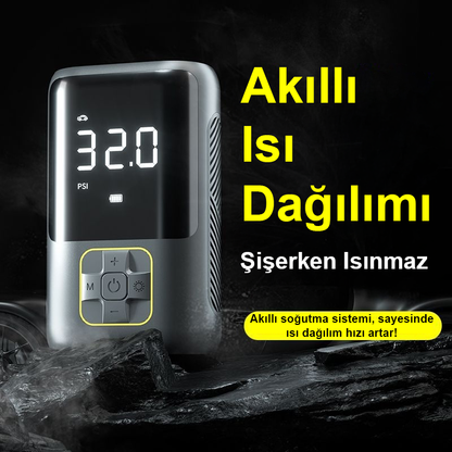Taşınabilir Mini Hava Pompası | Dijital Ekranlı Akıllı Akülü Kompresör | Araba, Motosiklet, Bisiklet ve Toplar İçin