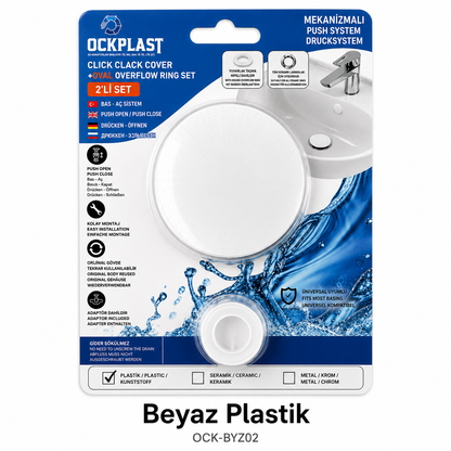 Basmalı Lavabo Pop-Up Tıpası ve Taşma Deliği Yüzüğü Seti
