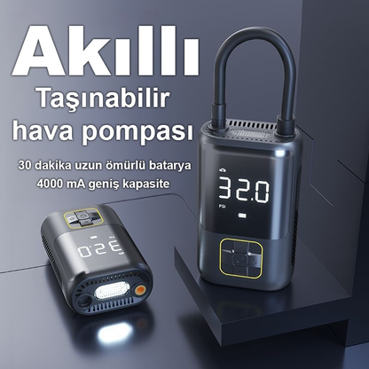 Taşınabilir Mini Hava Pompası | Dijital Ekranlı Akıllı Akülü Kompresör | Araba, Motosiklet, Bisiklet ve Toplar İçin