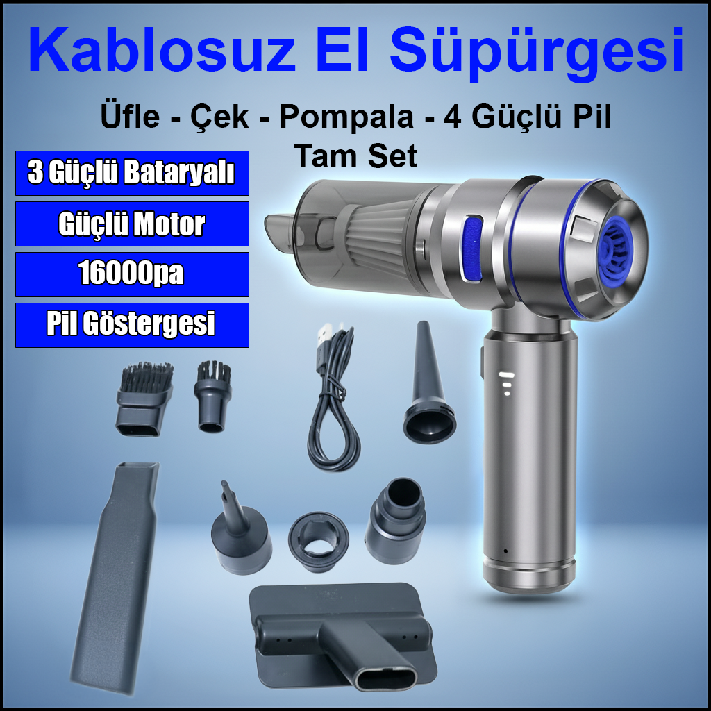 Kablosuz El Süpürgesi - 16000pa Güçlü Çekim, Fırçasız Motor, USB-C Şarjlı - Araç ve Ev
