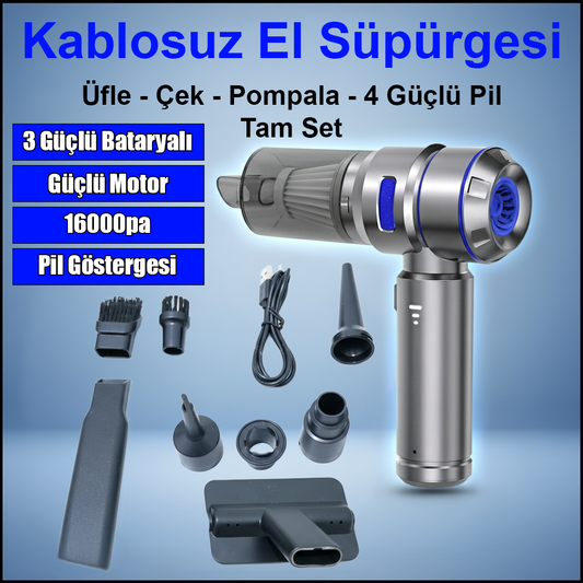 Kablosuz El Süpürgesi - 16000pa Güçlü Çekim, Fırçasız Motor, USB-C Şarjlı - Araç ve Ev