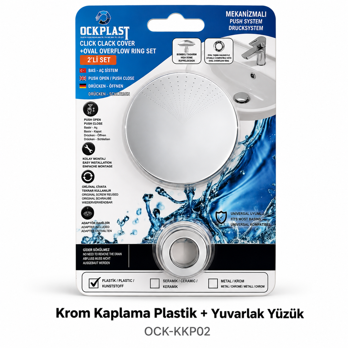 Basmalı Lavabo Pop-Up Tıpası ve Taşma Deliği Yüzüğü Seti