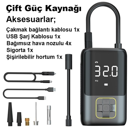 Taşınabilir Mini Hava Pompası | Dijital Ekranlı Akıllı Akülü Kompresör | Araba, Motosiklet, Bisiklet ve Toplar İçin