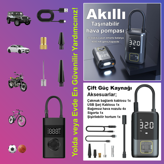 Taşınabilir Mini Hava Pompası | Dijital Ekranlı Akıllı Akülü Kompresör | Araba, Motosiklet, Bisiklet ve Toplar İçin