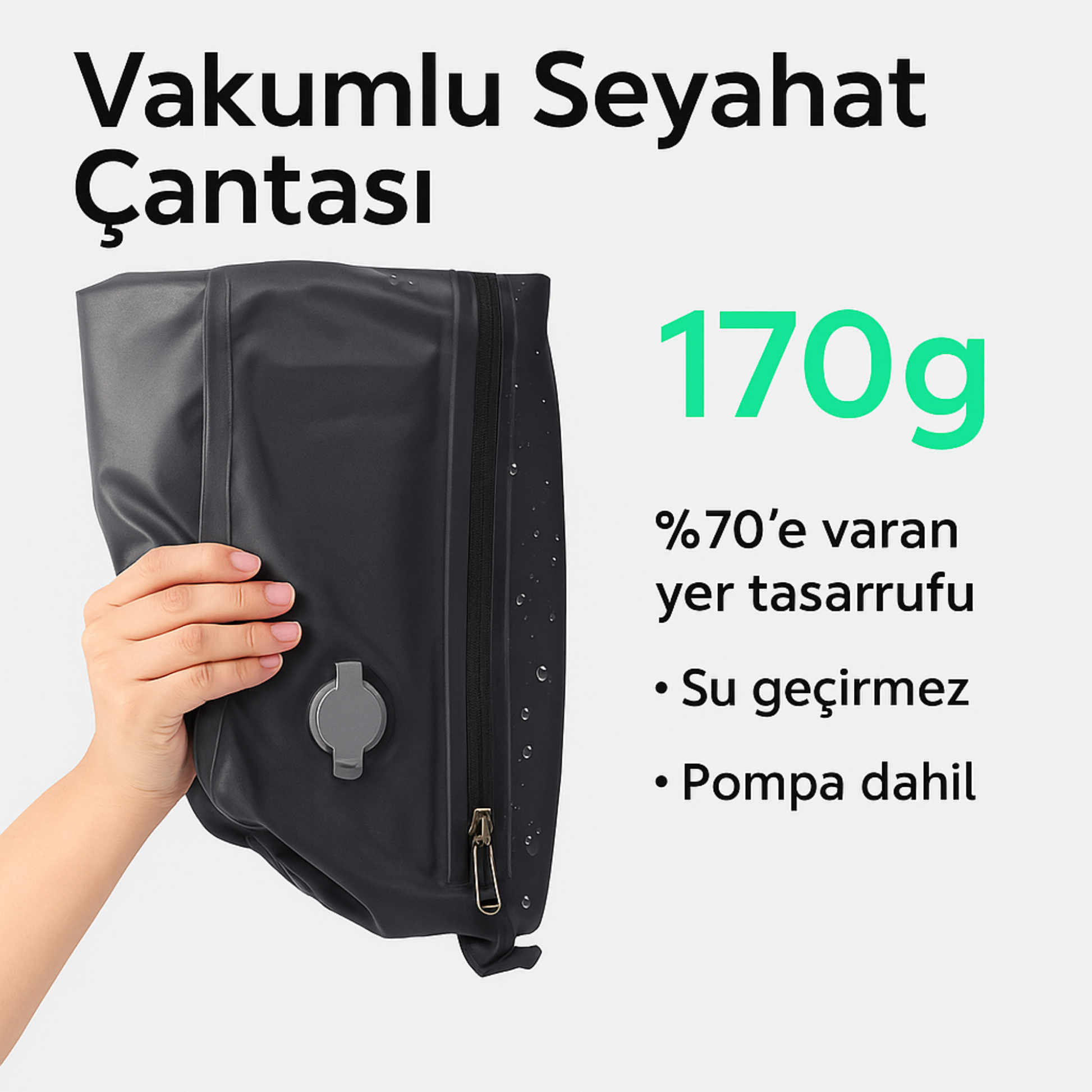 Vakumlu seyahat çantası – 170g hafif tasarım, su geçirmez, pompa dahil, %70 yer tasarrufu sağlayan sıkıştırma çantası.