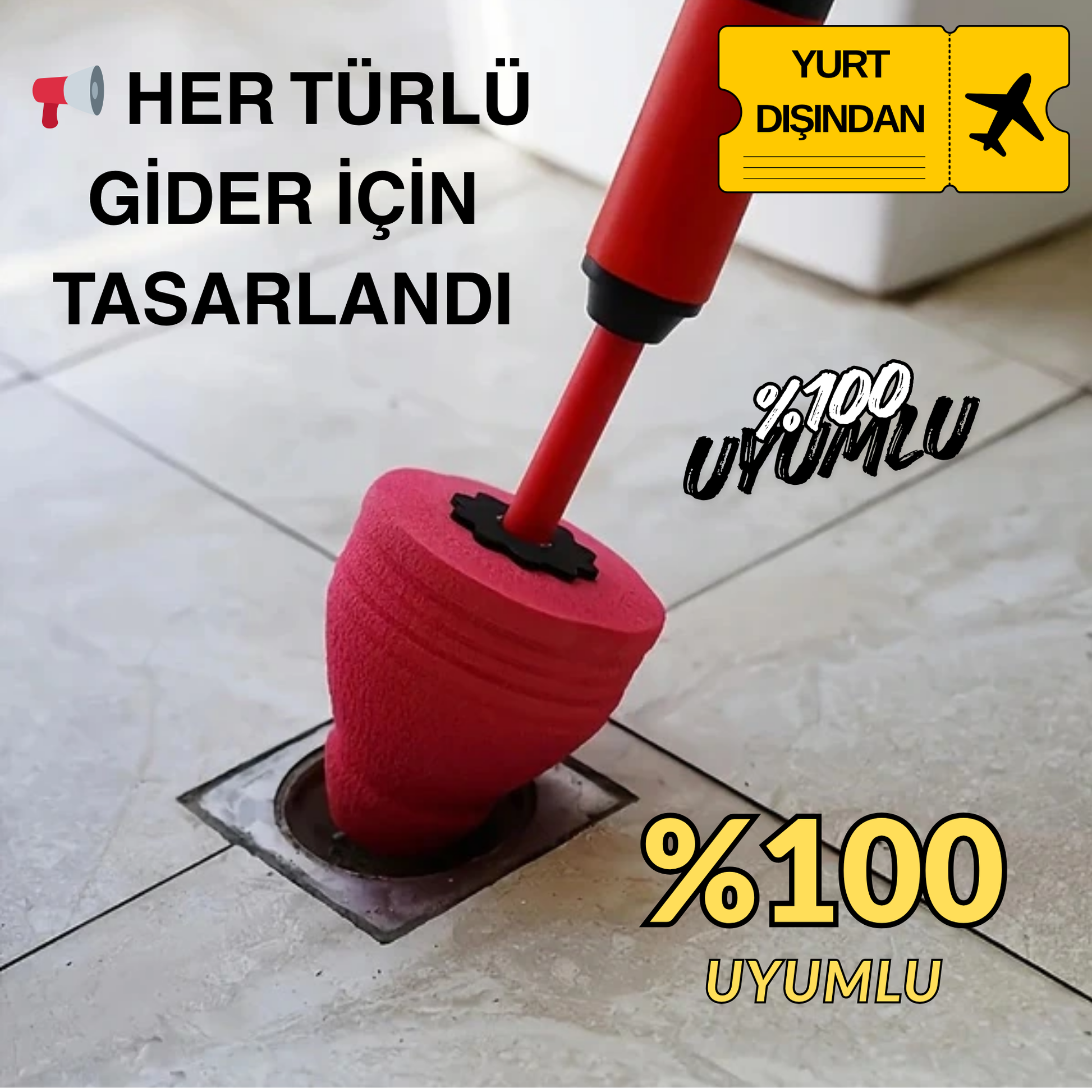 Banyo lavabosu ve duş giderleri için kullanıma hazır, güçlü tıkanıklık açma pompası.