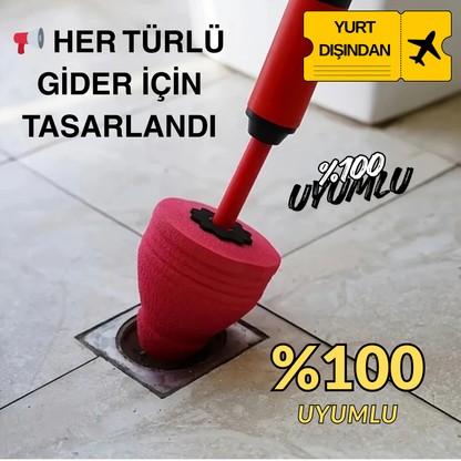 Banyo lavabosu ve duş giderleri için kullanıma hazır, güçlü tıkanıklık açma pompası.