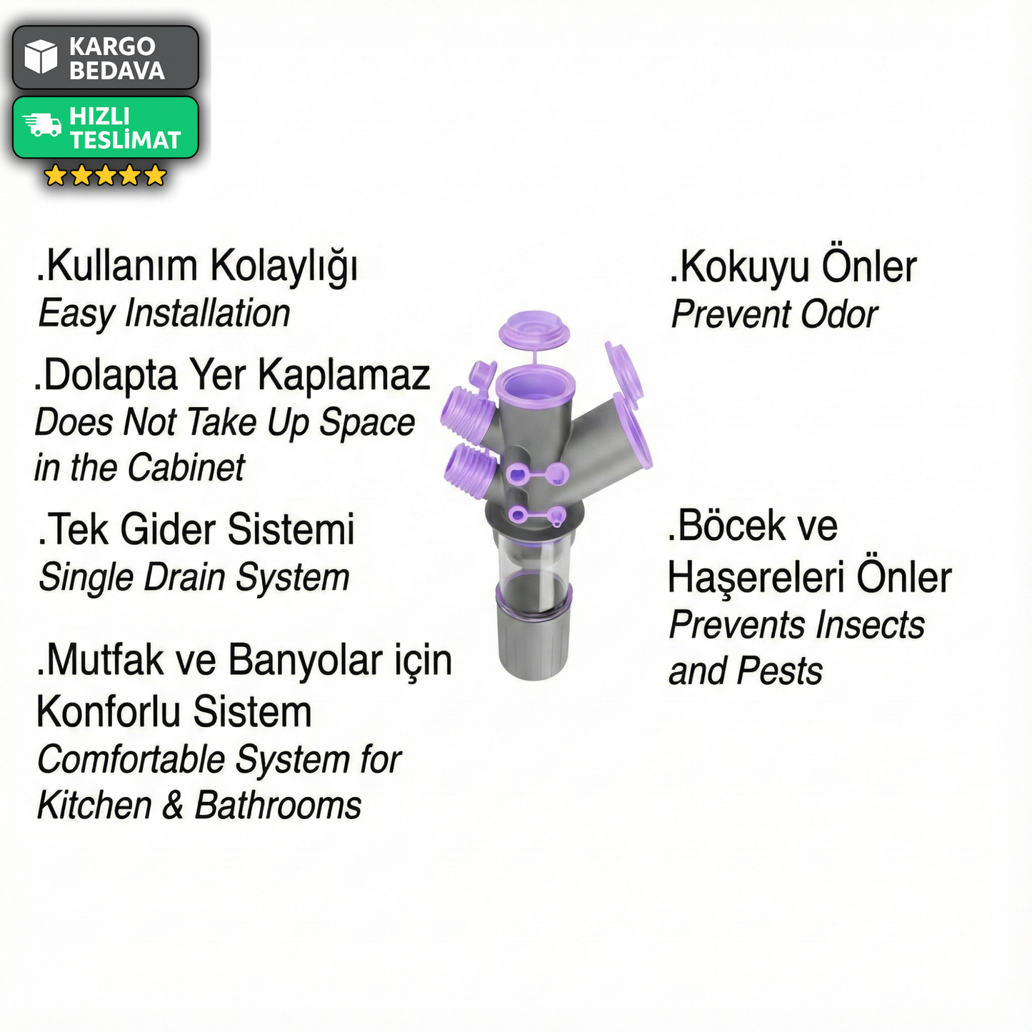 6 Girişli Tıkanmaz Mutfak & Banyo Sifonu – Koku Önleyici, Kolay Temizlenebilir